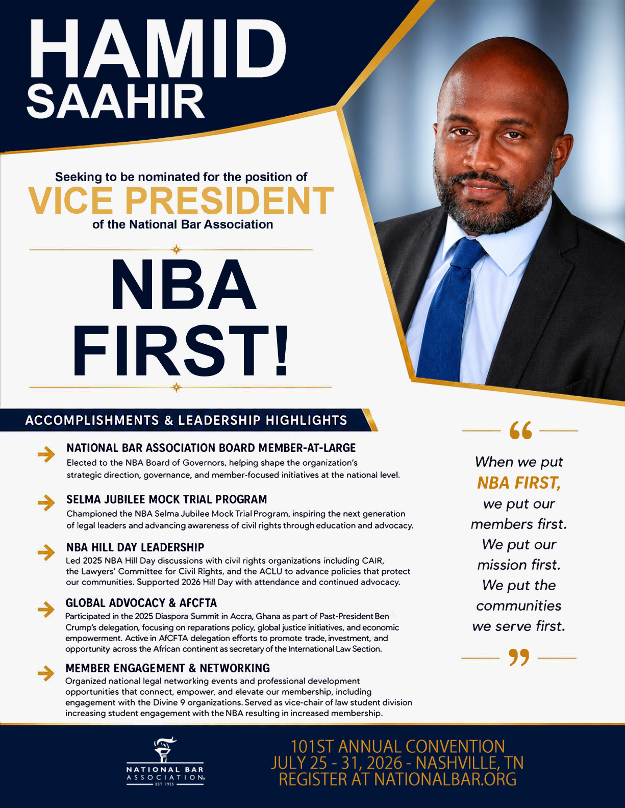 NBA FIRST campaign flyer for Hamid Saahir